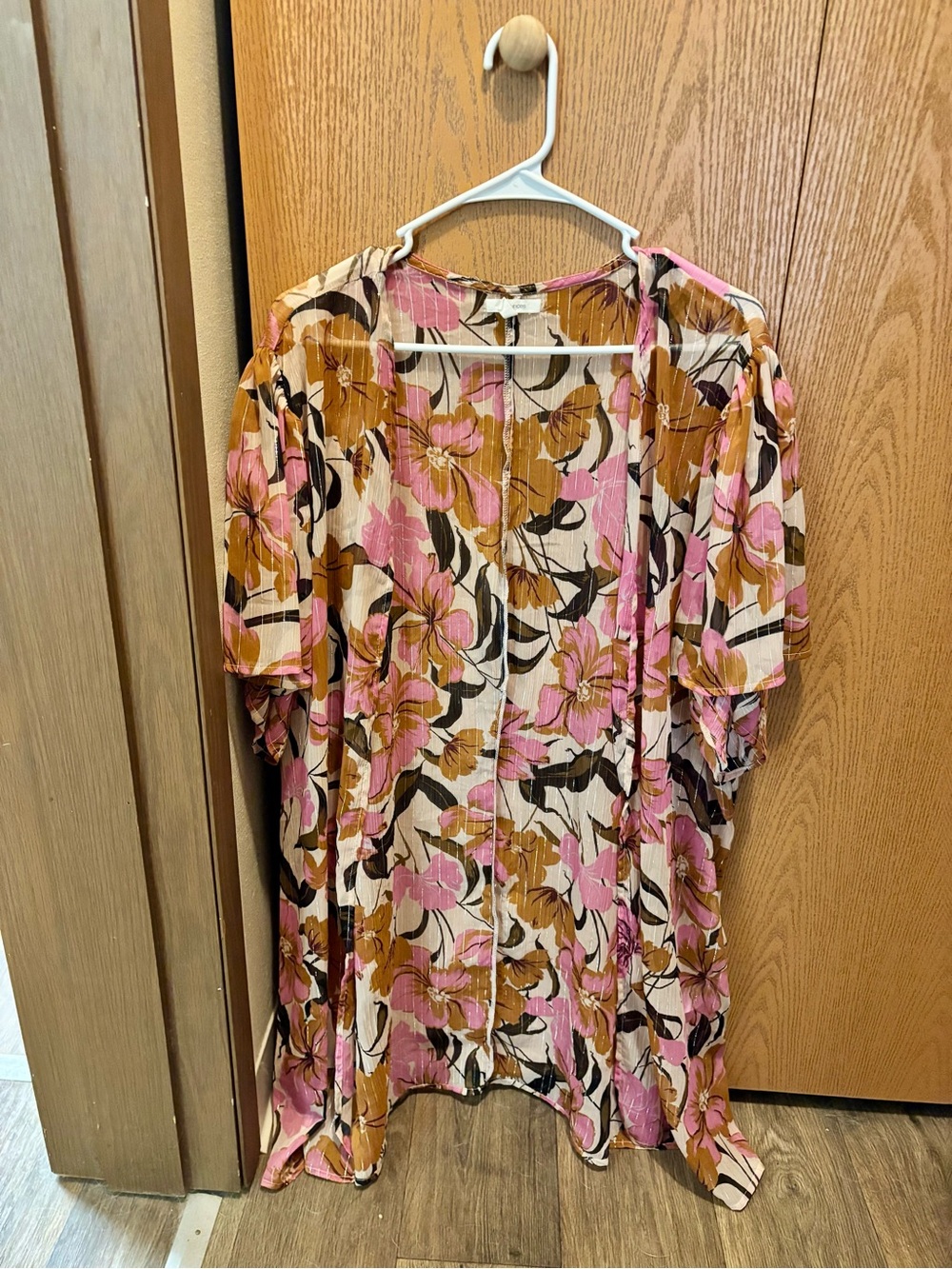 Maurices Floral Open-Front Kimono Cardigan - Pink, Mustard & Black